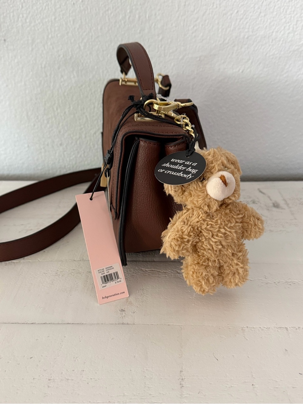 BCBGeneration Chocolate Brown Teddy Bear Charm Top Handle Crossbody Bag - Picture 5 of 14